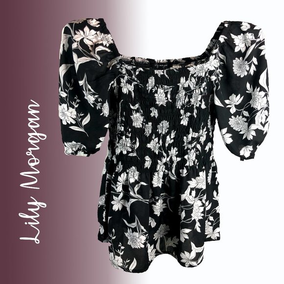 Lily Morgan black and white floral square neckline, puff sleeve, medium stretchy - Picture 1 of 2